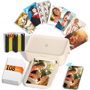 iDPRT 4x6 Photo Printer, CP4100 Instant Photo Printer for iPhone & Android with 108 Sheets & 2 Cartridges, Wireless Portable Picture Printer, 300DPi Thermal Dye Sublimation, Beige