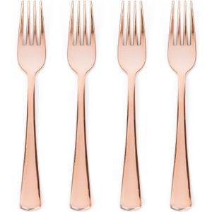 Prestee Set of 100 Rose Gold Plastic Forks Disposable - 7-in Heavy-Duty Fork Flatware - Bulk Pack Fancy Silverware - Sturdy Pink Cutlery for Weddings, Birthday Parties, Buffets, Catering and Events