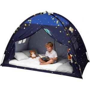 Redants Twin Bed Tent Canopy, Space Indoor Blackout Privacy Toddler Bed Tent for Kids with Light, Portable Sleeping Floor Kids Playhouse (Blue, Twin Size)