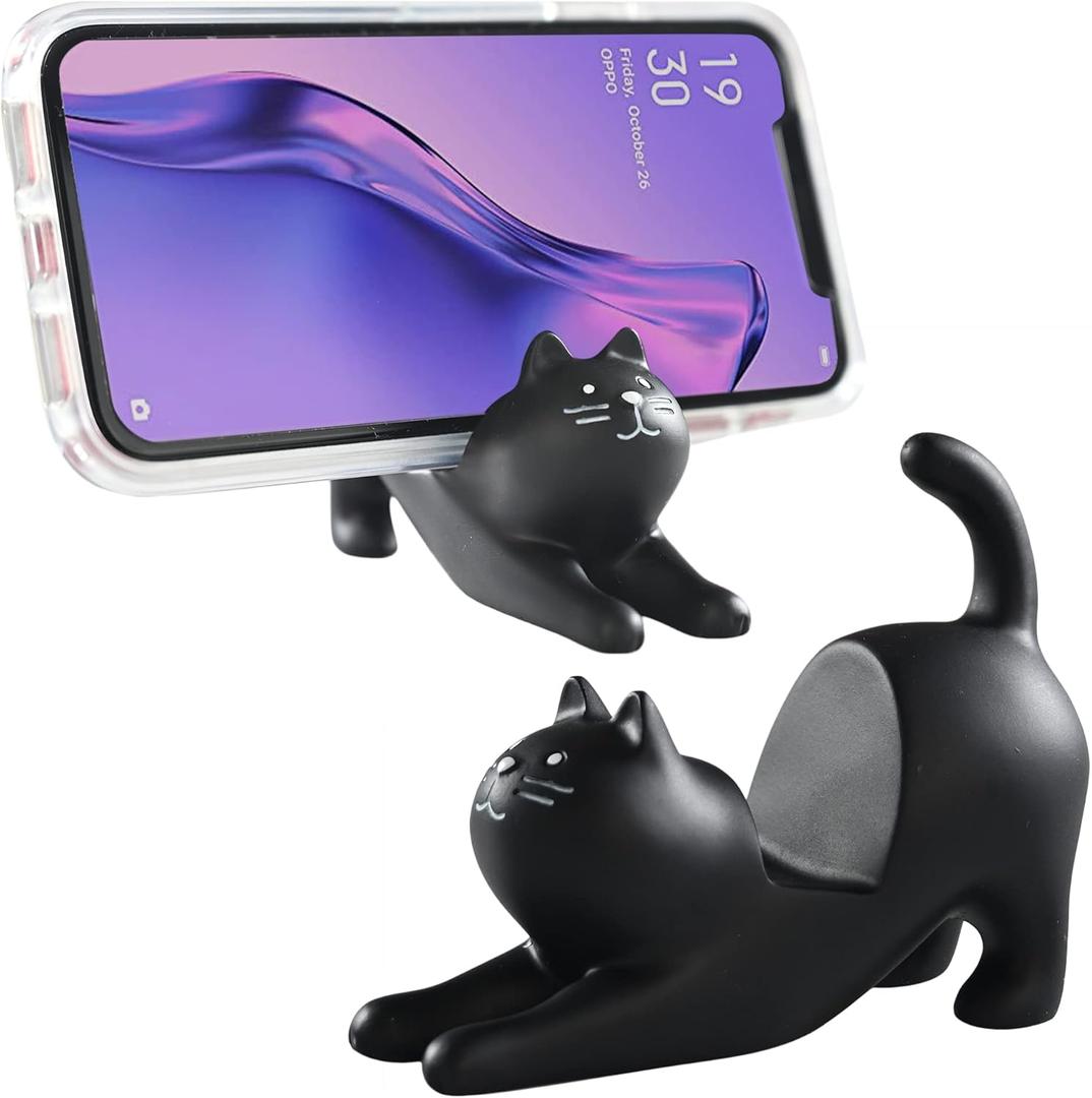 Home-X Cat Phone Stand, Cute Desktop Smartphone Holder, Vertical or Horizontal, Universal Cell-Phone Stand, Black
