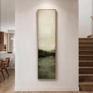 Framed Long Narrow Abstract Green Neutral Rustic Vertical Wall Art, 14x56