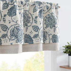 jinchan Linen Valance Curtain Blackout Kitchen Valance for Window Scroll Paisley Window Treatment for Living Room 18 Inch Double Layer Farmhouse Overlay Rod Pocket 1 Panel Blue on Beige