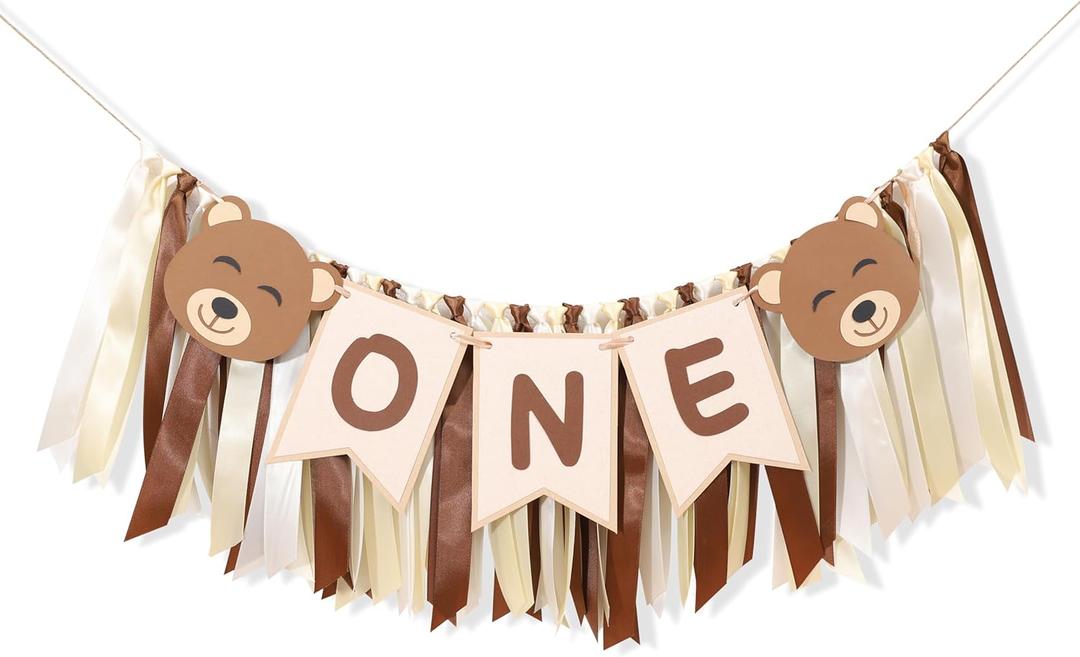 Bear One Birthday Banner - Woodland Theme High Chair Decor for Boy/Girl, First Birthday Party Decoration, Cake Smash Photo Props, Bear Theme Banner