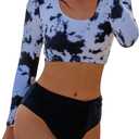 Womens Two Piece Swimsuits High Waisted Bikini Set Rash Guard Bathing Suit Long Sleeve Swimwear Crop Top Teen Girls (Large)