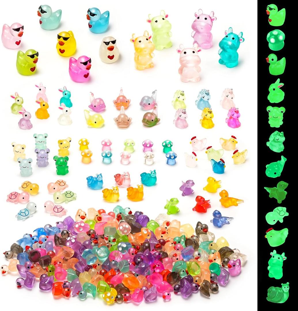 200 Pcs Luminous Mini Resin Animals 12 Styles Glow in The Dark Tiny Ducks Rabbits Frogs Mushrooms Figurines to Hide Small Miniature Figures for Garden Fairy Decor Dollhouse Aquarium DIY Crafts