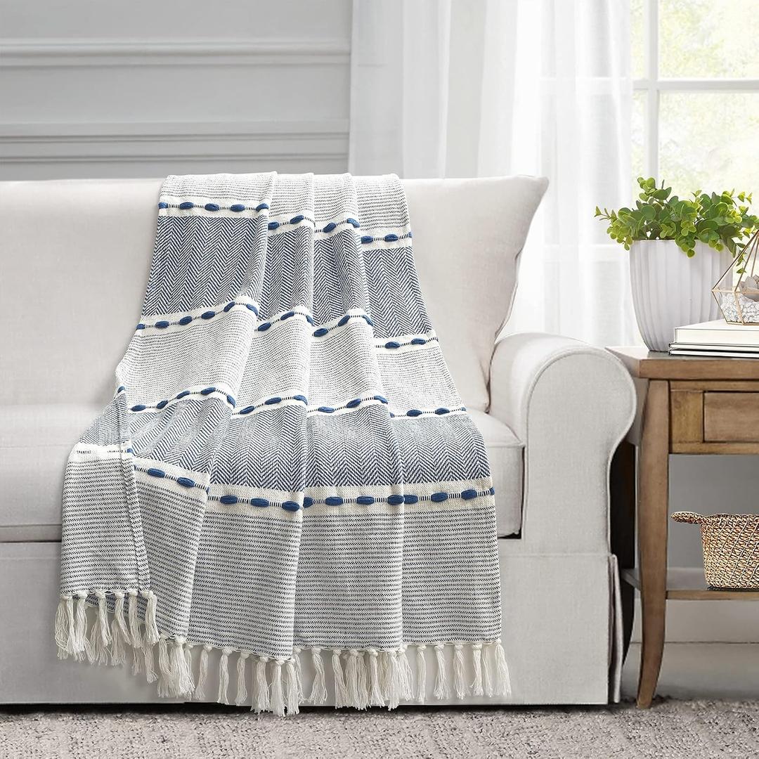 Lush Decor Herringbone Stripe Woven Tassel Yarn Dyed Cotton Tassel Throw Blanket 50" W x 60" L Navy & White - Striped Throw Blankets - Blue Couch Blanket