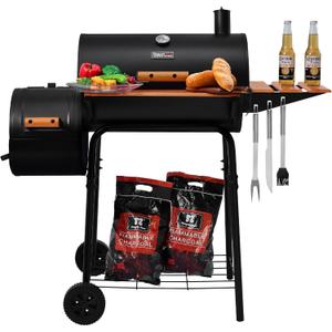 Royal Gourmet CC1624W Barrel Charcoal Grill with Offset Smoker, 552 Sq. In. Cooking Area, Wooden Front and Side Shelf with Hooks, Mesh Bottom Shelf, Charcoal Grill for Outdoor Grilling, Black