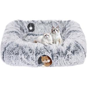 Extra Large Cat Tunnel Bed, 4 Ways Tunnels for Indoor Cats, Multi-cat Family Cat Bed & Cave, Plush Cat Donut with Washable Middle Mat, Exit Balls, Pet Play Toy for Kitten Puppy Rabbit (Grey)