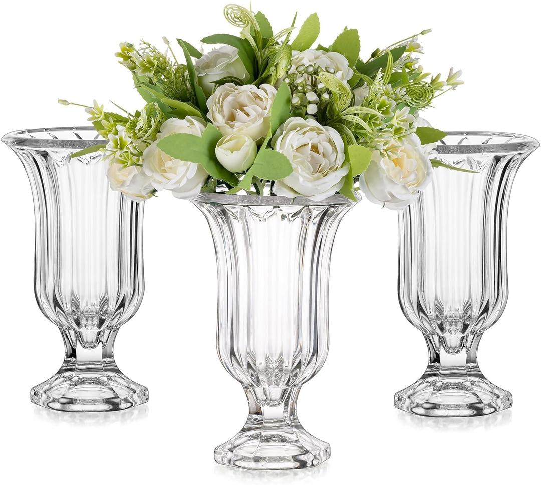 Glasseam Pedestal Glass Vase for Flowers, 7.5in Tall Compote Vase Set of 3, Crystal Clear Vases for Centerpieces, Ribbed Decorative Vases for Home Decor, Cute Footed Urn for Living Room Decorations (Large)