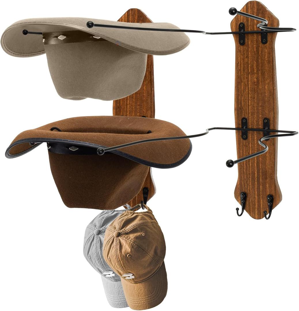 Set of 2 Cowboy Hat Rack for Wall, Rustic Western Metal Cowboy Hat Holder Hanger with Solid Wood Board, Holds Up to 4 Hats And 8 Baseball Caps, Cowboys Sun Hats Organizer for Wall Decor