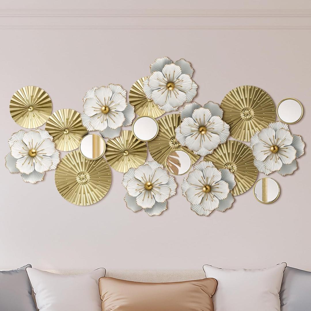 Briwooody Metal Flower Wall Decor Ivory Metal Plates Mirror Wall Art Rustic Modern Floral Sculpture Floral Blossom Sculpture for Bedroom Living Room Dining Room(Gold,Flower)