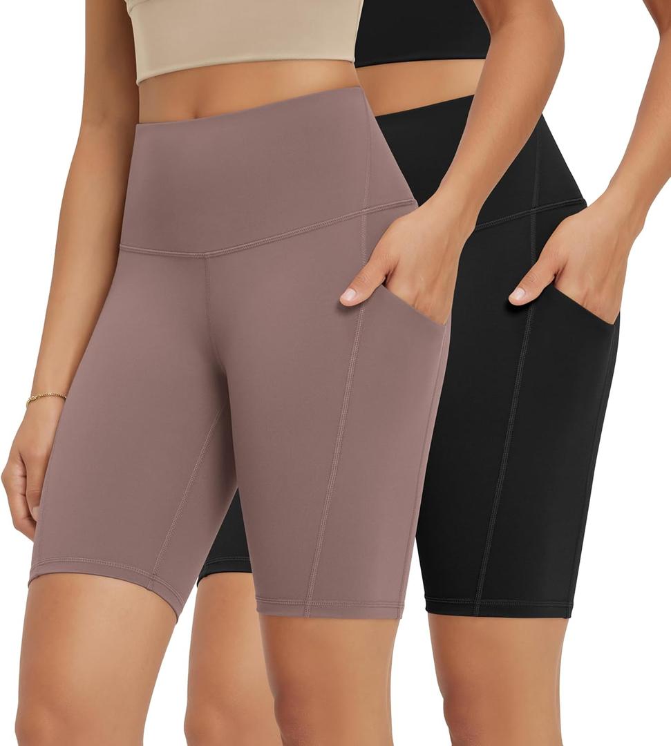 ODODOS 2-Pack High Waist Workout Shorts with Pockets for Women 6"/8" Inseam Tummy Control Gym Athletic Biker Shorts (S)