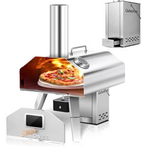 2-in-1 Outdoor Pizza Oven, 12" Wood Pellet Pizza Oven with AUTO ROTATING Pizza Stone, Portable, Removable Top as Torch Heater or Stove