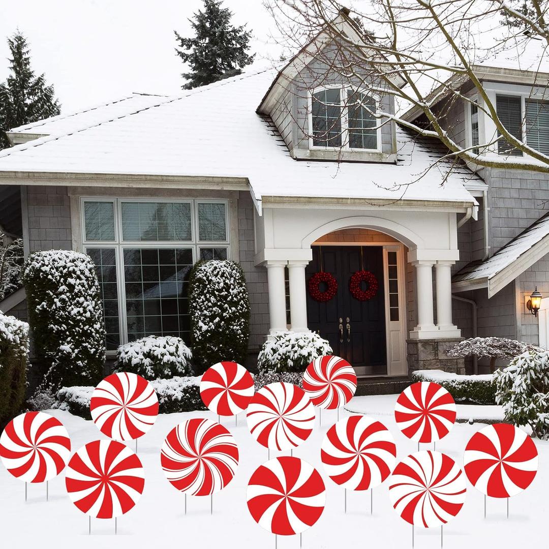 12 Pieces Christmas Peppermint Xmas Yard Stakes Hanging Ornaments - Outdoor Holiday and Christmas Hanging Porch & Tree Yard Decorations - Double Printed (Red & White)