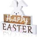 Easter Decorations for Table, Wooden Happy Easter Bunny Decor Sign for Home, Wood Rabbit Block Tabletop Centerpiece Farmhouse Decor for Spring Indoor Shelf Living Room Office(White, Wooden Color)