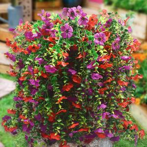 Artificial Hanging Flowers Plants for Outdoor Spring Decoration,2 Pcs Faux Silk Daisy with Eucalyptus Leaves,UV Resistant No Fade Look Real Violet for Outside Home Indoor Decor (Red+Purple)