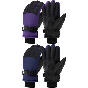 Wenouy Kids Winter Gloves Waterproof Snow Ski Gloves for Boys Girls Warm Adjustable Accessories for Cold Weather (6-8 Years, Navy Blue, Purple)