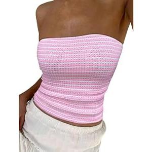 ZAFUL Women Satin Strapless Tube Tops Side Split Sleeveless Backless Bandeau Top Going Out Bustier Tops Silk Tank Top Pink, S