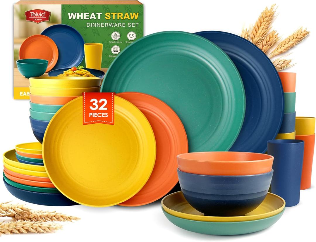 Teivio 32-Piece Kitchen Plastic Wheat Straw Dinnerware Set, Service for 8, Dinner Plates, Dessert Plate, Cereal Bowls, Cups, Unbreakable Colorful Plastic Outdoor Camping Dishes, Autumn Multicolor