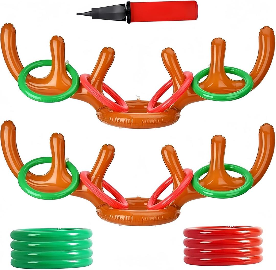 Christmas Party Toss Game Inflatable Reindeer Antler Hat with Rings for Kids Adults Family Xmas Fun Games(2 Antlers8 Rings,1 Pump) (brown)