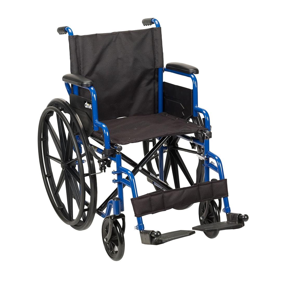 Drive Medical Blue Streak Lightweight Wheelchair - Portable Folding Mobility Aid - Swing-Away Footrests - Desk Arms - Durable Steel Frame - Easy Transport & Storage - 16-Inch Seat