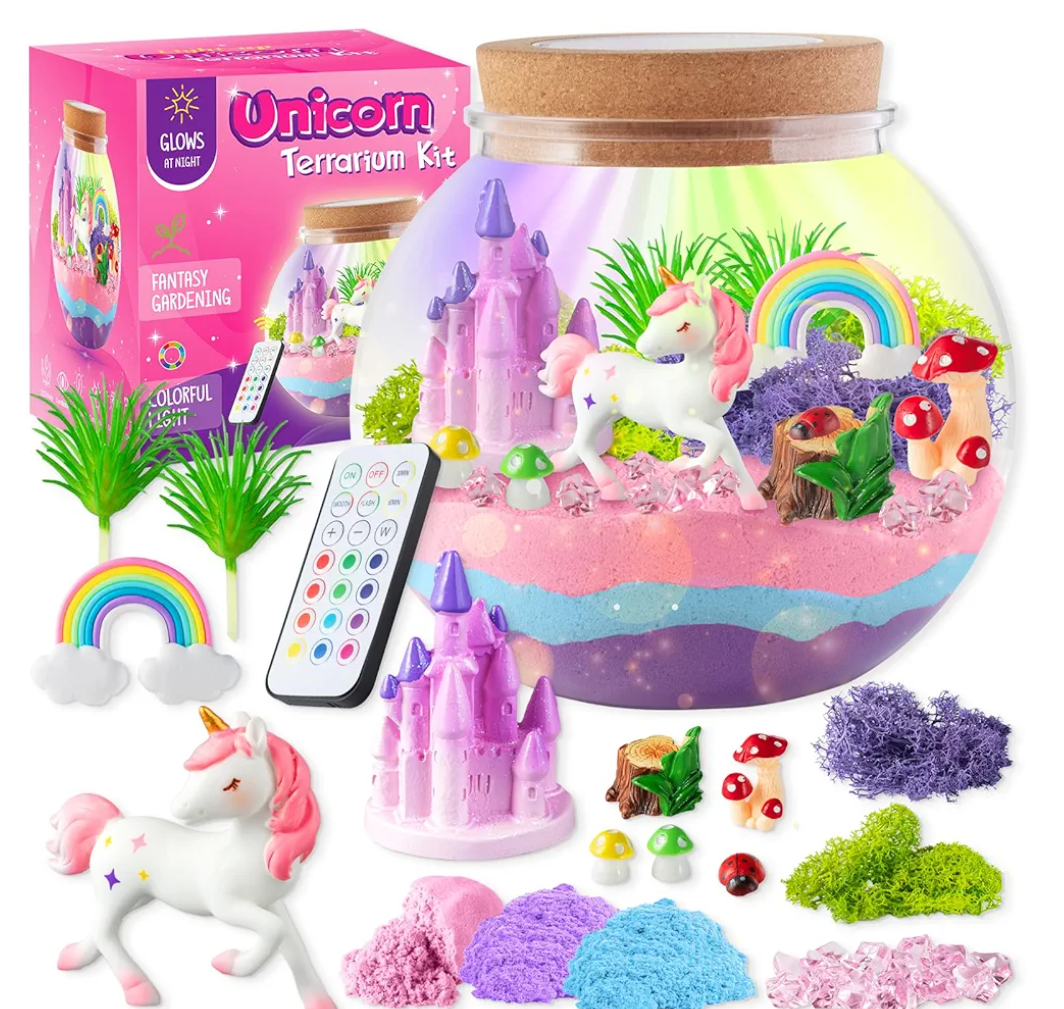 Unicorn Light-Up Terrarium Kit for Kids - LED Night Light Birthday Gift for Girls Ages 4 5 6 7 8-12 Year Old - Unicorn Toys for Girls - DIY Arts and Crafts Kit for Kids