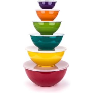 KX-WARE Melamine Mixing Bowls with Lids - 6 Piece Melamine Bowls and 6 Piece Plastic Lids, Multicolor