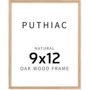 puthiac 9x12 Solid Oak Wood Picture Frame, Fits 6x8 with Mat or 9x12 Without Mat, Wall or Tabletop Display with Stand, Vertical or Horizontal, Plexi Front, 1 Pack, Natural Oak