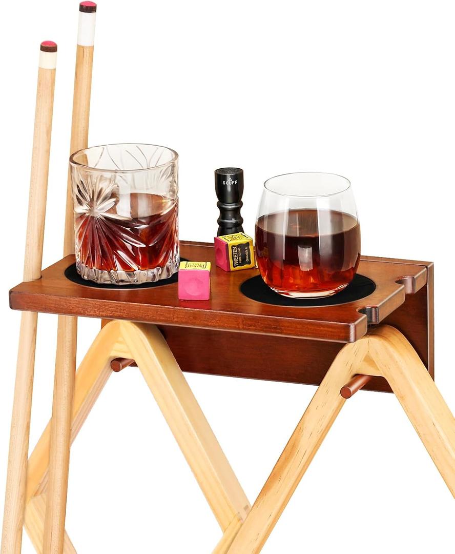 EXTCCT Wall Mounted Cue Holder - Hardwood Billiard Cue Rest and Drink Holder with Chalk Holder 11 x 6.3 x 4.1 Inches (Brown)