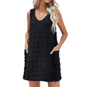 Moss Rose Beach Vacation Clothes for Women Sundresses Swiss Polka Dot Beach Cover Up V Neck Tank Dress with Pockets Black (Black)