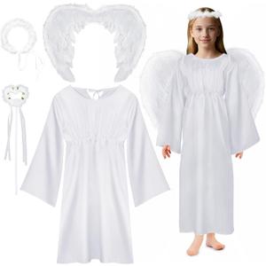 Eurzom Angel Costume for Girls, Include Angel Dress Feather Wings Headband and Wand Set for Christmas Cosplay (Teens 13-16 Years)