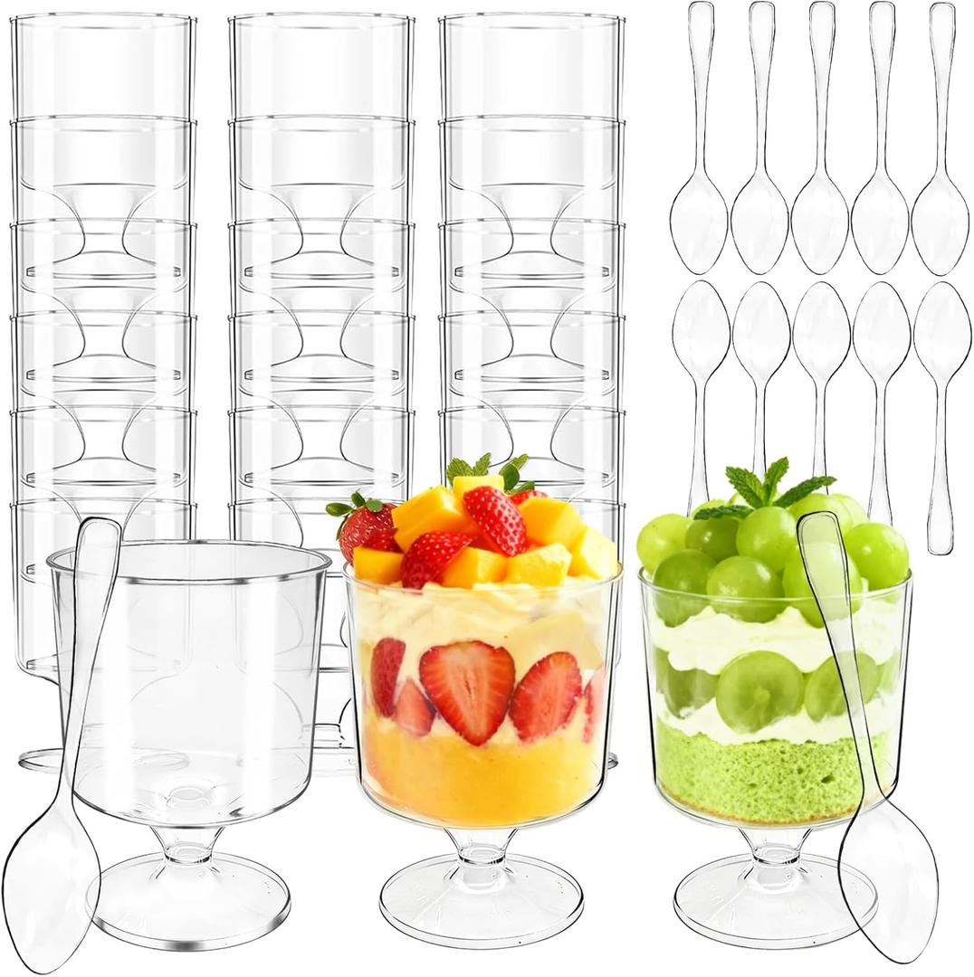 120 Pcs Dessert Cups with Spoons, 60 Pcs 5oz Mini Clear Plastic Dessert Parfait Cups 60 Pcs Spoons, Small Round Goblet Cup Disposable Fruit Ice Cream Cake Pudding Cup Appetizer Bowl for Party