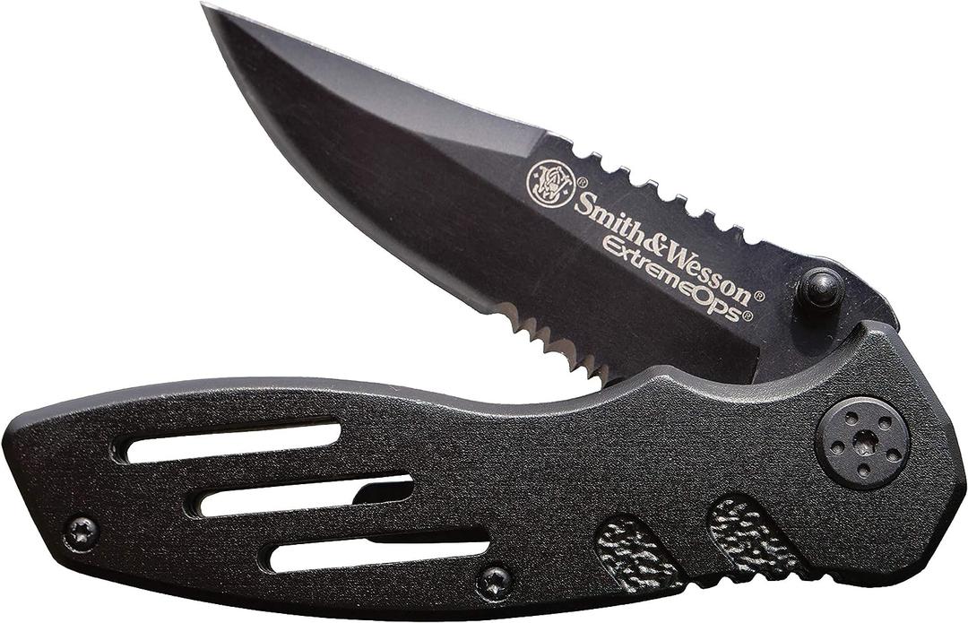 Smith & Wesson Accessories Extreme Ops SWA24S 7.1in S.S. Folding Knife with 3.1in Serrated Clip Point Blade and Aluminum Handle for Outdoor