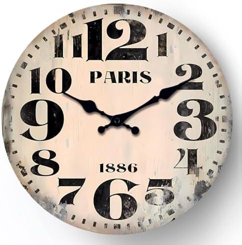 funsec Wall Clock 12 Inch Wall Clock Vintage Paris Clock, Large Round Face, Distressed Cream Color, 1886 Design