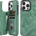 Vaburs Compatible with iPhone 15 Pro Max Case Wallet with Card Holder,Embossed Butterfly Pattern PU Leather Double Buttons Flip Protective Shockproof Cover for Magnetic Car Mount 6.7 Inch (Dark Green)