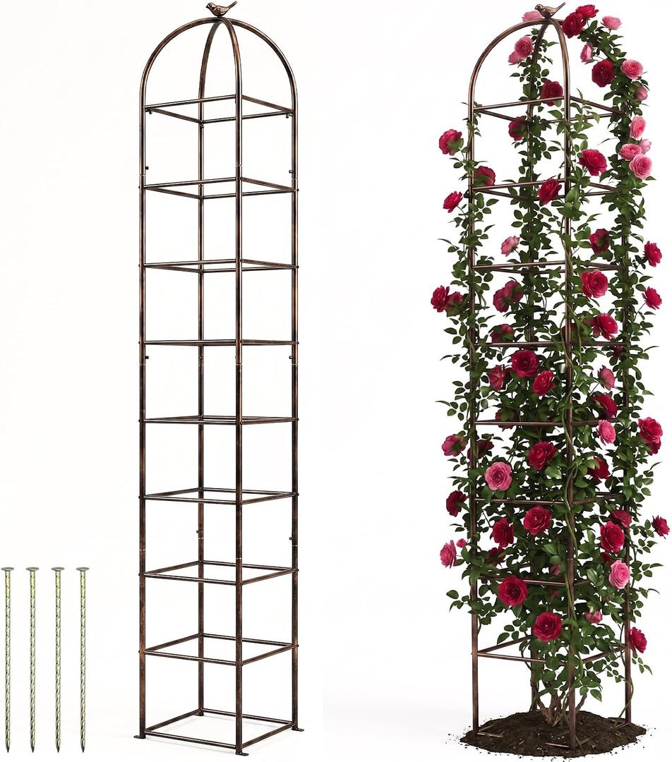 Heavy Duty 8.4 FT Garden Obelisk Trellis for Climbing Plants Outdoor, Rust-Resistant Large Metal Plant Support Tower with Bird Topper & Ground Stakes, Yard Art Decor for Roses Clematis Vines (Bronze), 8ft x 16in