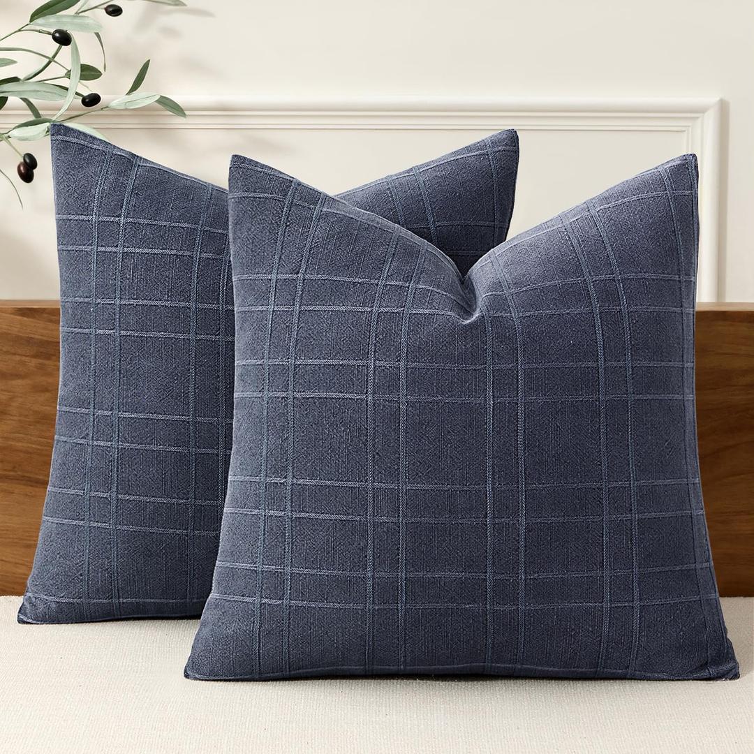 MIULEE Decorative Linen Check Euro Shams Throw Pillow Covers Neutral Farmhouse Vintage Pillow Covers 22x22 Set of 2 Boho Modern Home Decor for Sofa Couch Bedroom Cushion Navy Blue