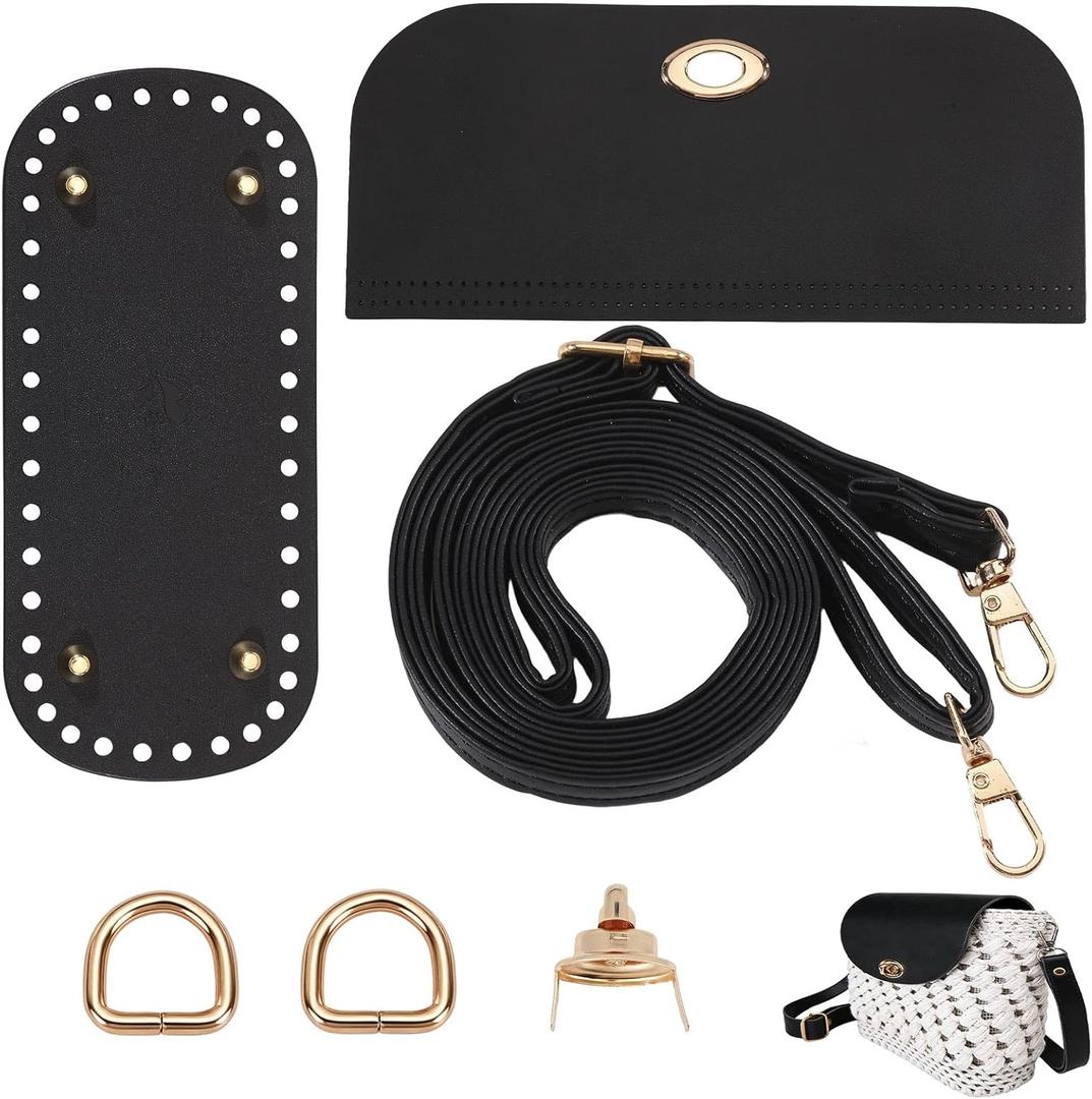 Beinkmake PU Leather Purse Crochet Set, Black Oval Bag Bottom with Flap Cover and Adjustable Shoulder Strap, DIY PU Leather Bag Knitting Set for Handbag, Purse and Crossbody Bags Making