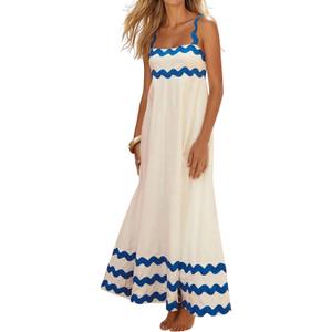 Women's Casual Summer Shirred Back Vacation RIC Rac Flowy Maxi Dress (Medium, White)