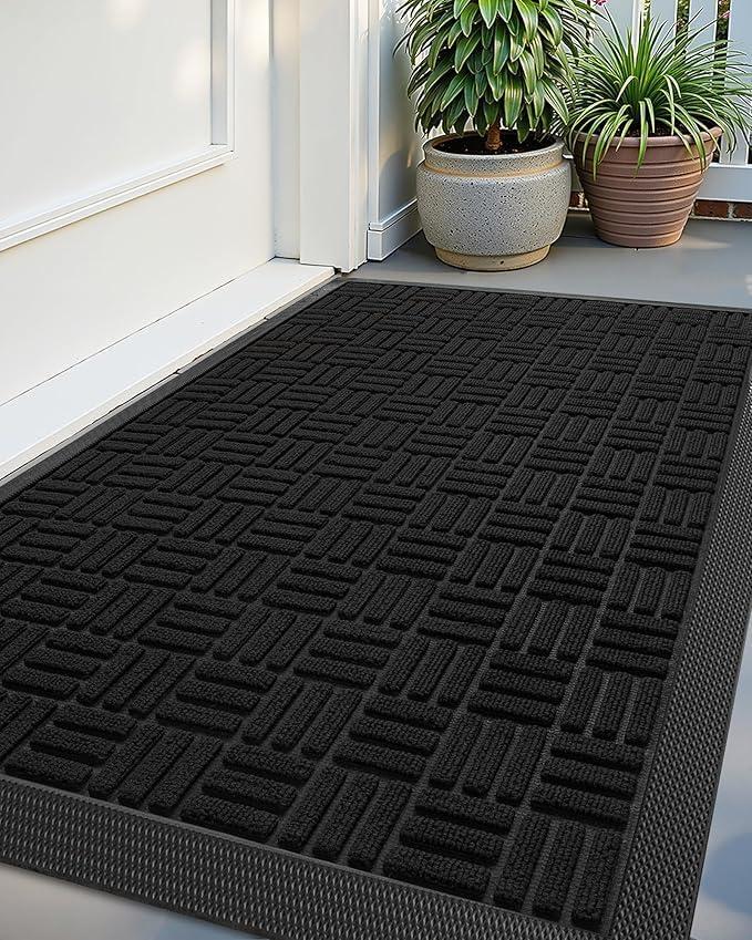 Color&Geometry Front Door Mat Outside Entrance, Heavy Duty Non Slip Low Profile Doormat for Entryway, Trap Dirt and Moisture Welcome Mats All-Weather, Easy Clean, Patio, Garage, 24"x48" Black