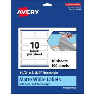 Avery TrueBlock Matte White Rectangle Labels, Sure Feed Technology, 1.5" x 3.75", 100 Matte White Labels, Print-to-The-Edge, Laser/Inkjet Printable, Great for Packaging and Product Merchandising