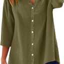 LOMON Womens 3/4 Sleeve Button Down Shirts Cotton Linen Roll Up Short Sleeve Tops V Neck Casual Loose Fit Blouses L