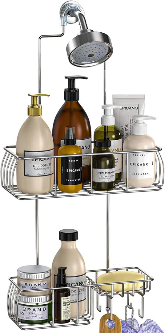 Epicano Anti-Swing Hanging Shower Caddy Stainless Steel 304, Over Head Shower Caddy Rustproof with hooks for Towels, Sponge and more, Chrome (Silver)