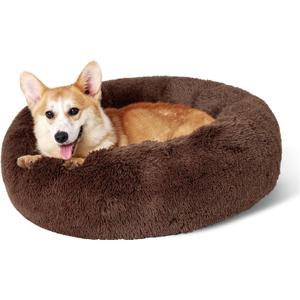 Bedsure Calming Dog Bed for Medium Large Dogs - Donut Washable Large Pet Bed, 33 inches Anti-Slip Round Fluffy Plush Faux Fur Dog Bed, Coffee