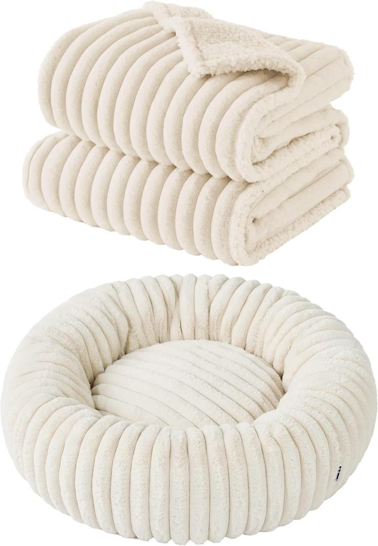 Bedsure Donut Large Dog Bed 36x36x8 inches with Waterproof Dog Blankets for Medium Dogs 30"x40", Cream