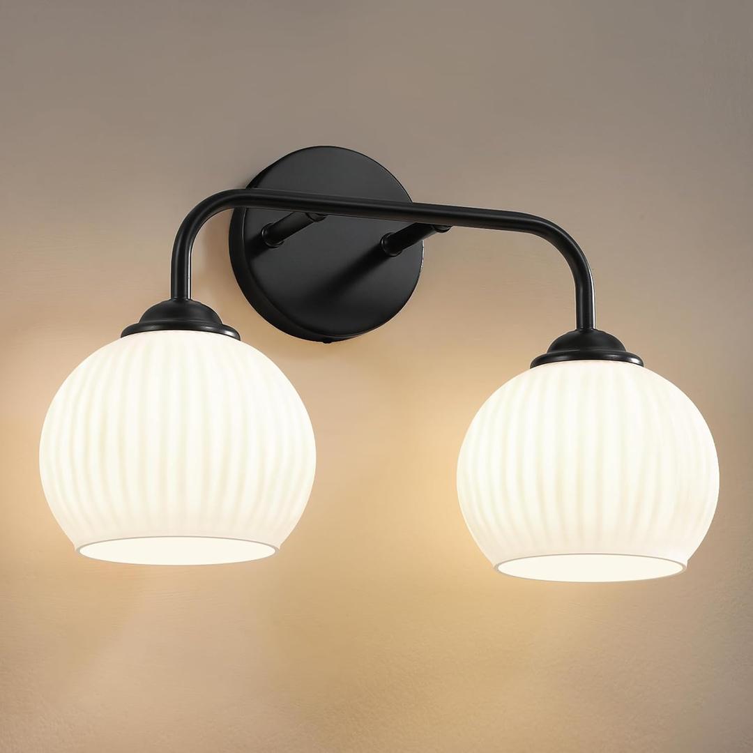 RUIYEY Bathroom Vanity Light Fixtures: 2-Light Black Bathroom Lighting Fixtures Over Mirror with Milky White Frosted Glass Shade, Farmhouse Modern Wall Light for Bathroom