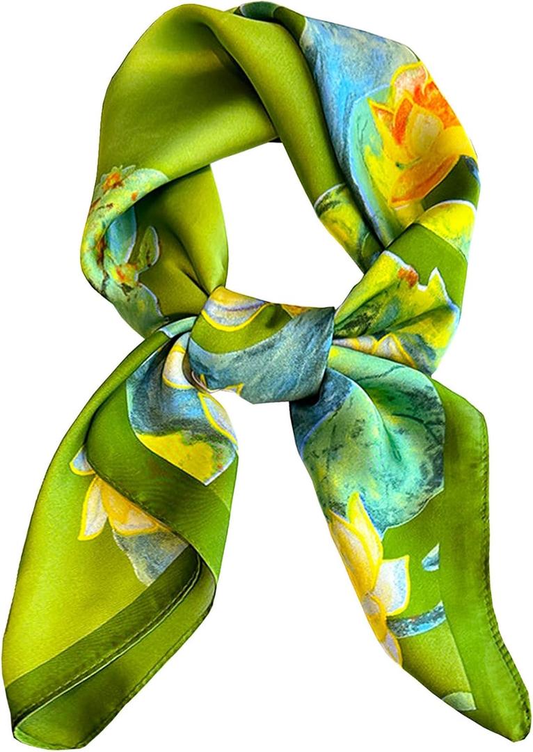 Neck Scarf For Womens Silky Head Scarves Hair Bandanas Square Scarf Fashion Accessories lightweight (13-green Lotus Pond)