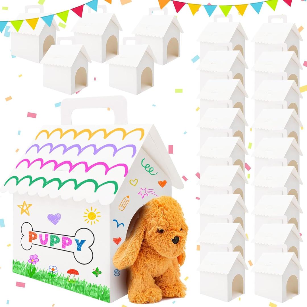 BLSUREFYX 24 PCS Dog Party Favors Boxes 7 x 4.7 x 3.9 Inches Adopt A Puppy Party Favors Boxes Dog House Shaped Treat Gift Boxes for Kids DIY Crafting and Birthday Party Use White
