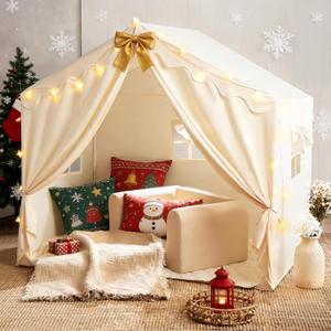 Tiny Land Kids Tent with Mat and Star Lights, Indoor Playhouse for Toddlers, 57"x36"x52" Large Reading Nook for Girls & Boys, Modern Bed Canopy for Kids Room (Cream)