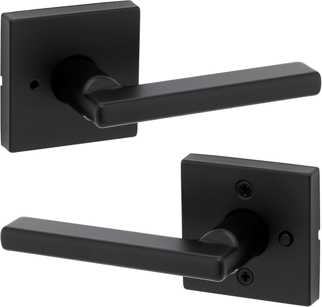 Kwikset Halifax Interior Privacy Door Handle with Lock, Door Lever For Bathroom and Bedroom, Matte Black Reversible Keyless Push Button Lock Door Lever, with Microban Protection, Square Rose (1 Pack)